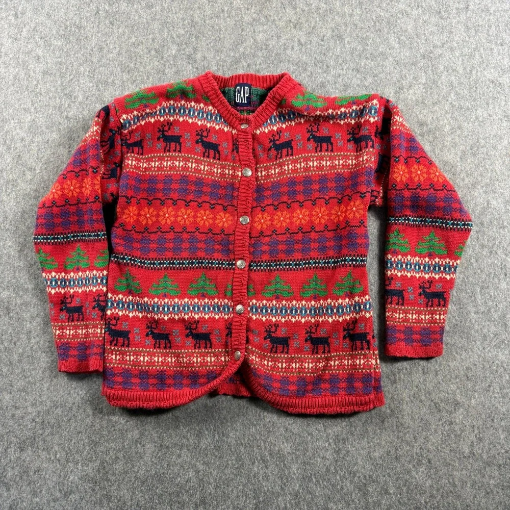 Vintage 90s GAP Kids XL Fair Isle Reindeer Moose Christmas Cardigan Sweater